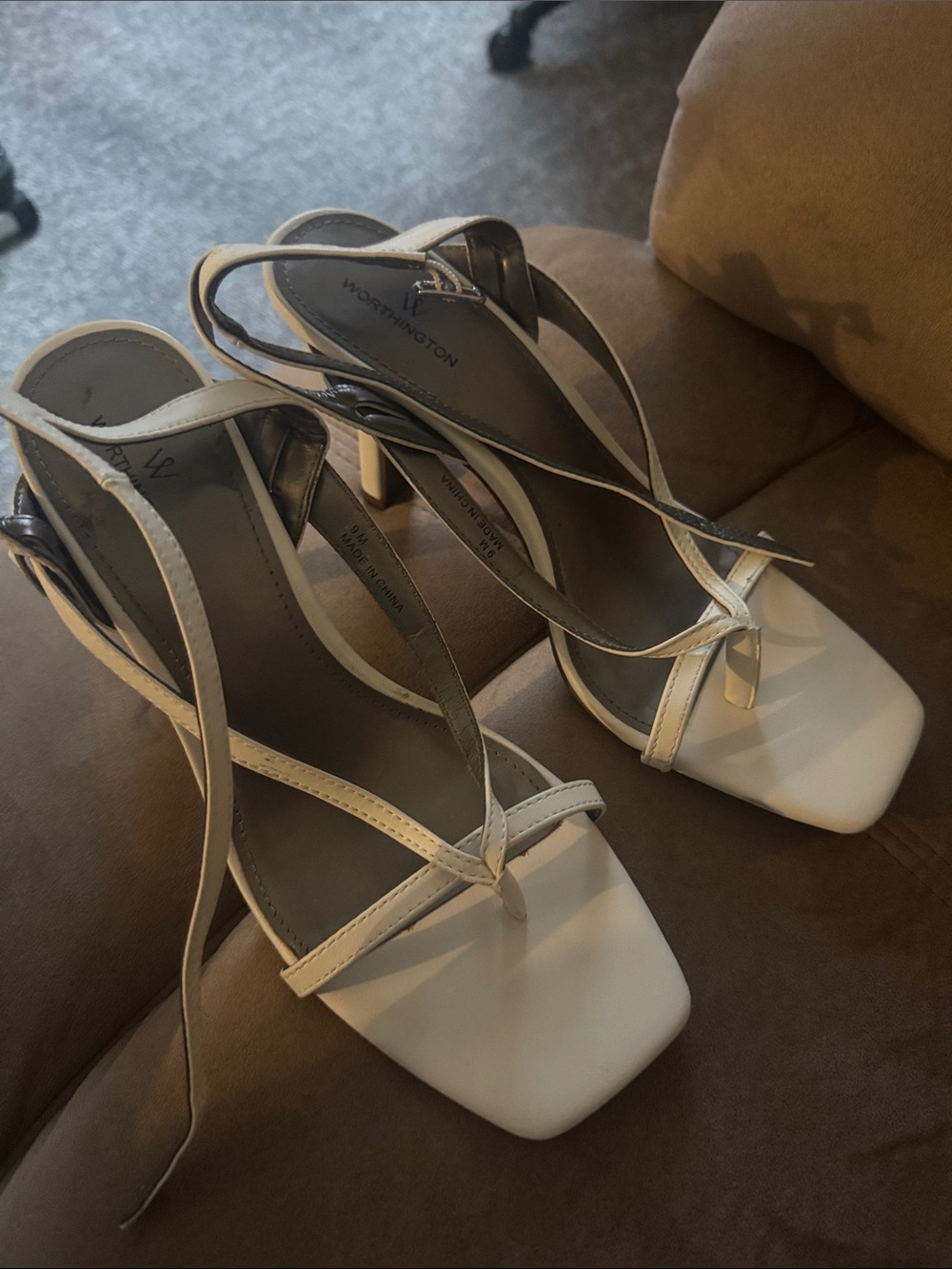 Worthington White Strappy Square-Toe Heels with Ankle Buckle